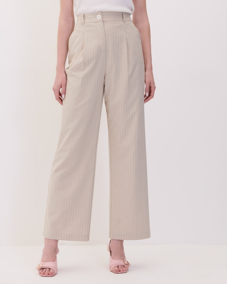 Pantalón Beige De Lino Tiro Alto A Rayas Con Pinzas