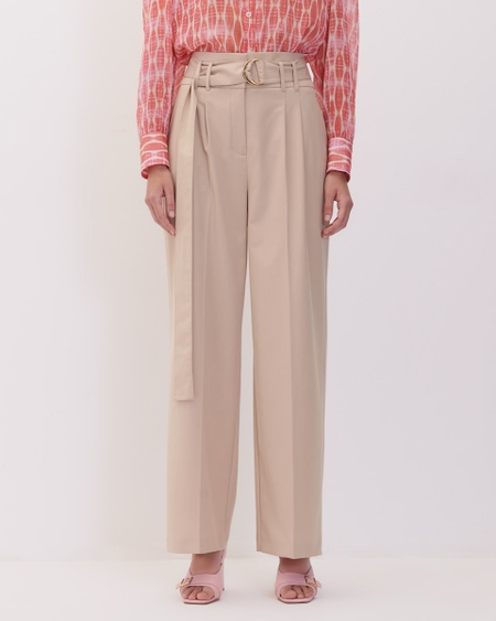 Pantalón Palazzo Beige Tiro Alto Pinzas Y Banda