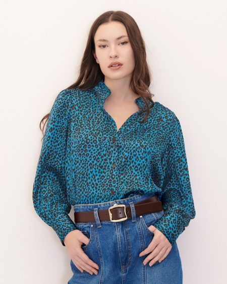 Blusa Satín Animal Print Cuello Mao