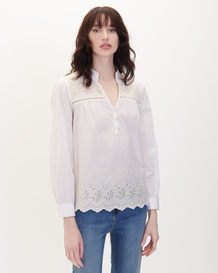 Blusa Blanca Bordada Cuello Mao
