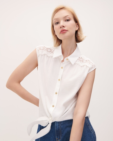 Blusa Camisera Blanca Detalles Crochet Y Amarre