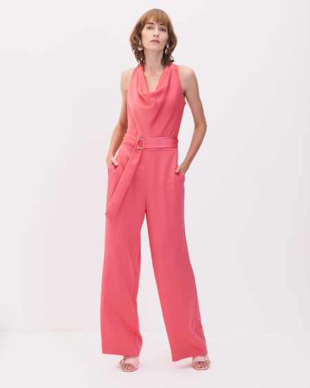 Jumpsuit Palazzo Rosa De Satín Con Escote Drapeado