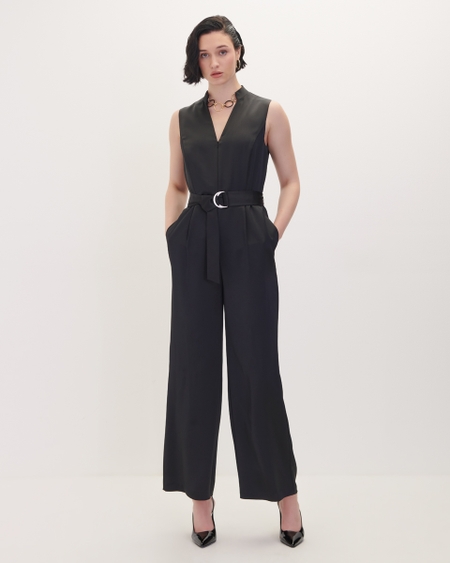 Jumpsuit Palazzo Negro De Satin Cuello Mao Escote V