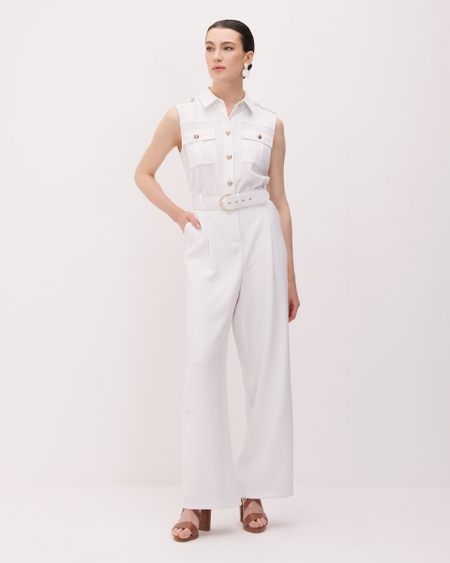 Jumpsuit Blanco Recto Fluido Con Charreteras