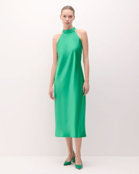 Vestido De Fiesta Satín Verde Cuello Halter