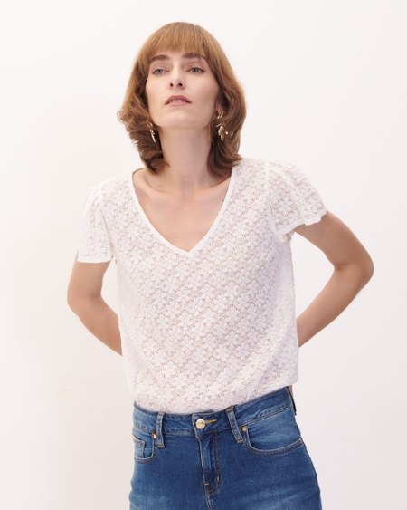 Blusa Blanca De Encaje Escote V