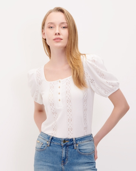 Blusa Blanca Calada Manga Abullonada