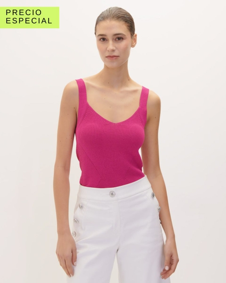 Blusa Fucsia De Punto Sin Mangas Escote V