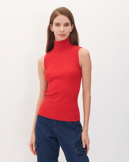 Top Tejido Sin Mangas Cuello De Tortuga Rojo