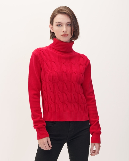 Suéter Tejido Trenzado Rojo Cuello De Tortuga