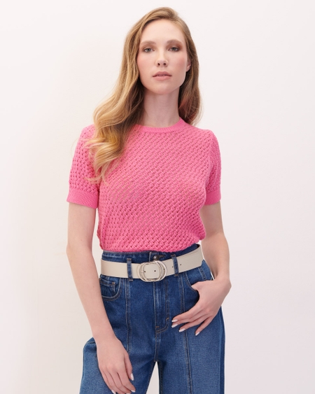 Blusa Rosa Tejido Calado Escote Redondo