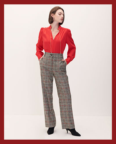 vestido rojo con pantalon de cuadros, moda 2023